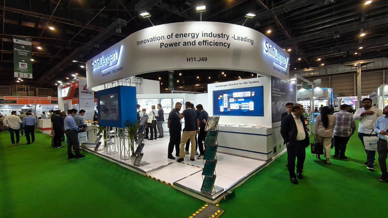 ShinDengen power electronics exhibition stand with illuminated fascia